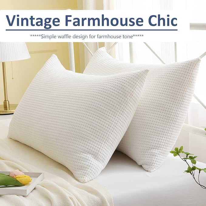 2 Pack Off White Waffle Weave Textured King Size Pillow Shams, 100% Cotton - Image 6