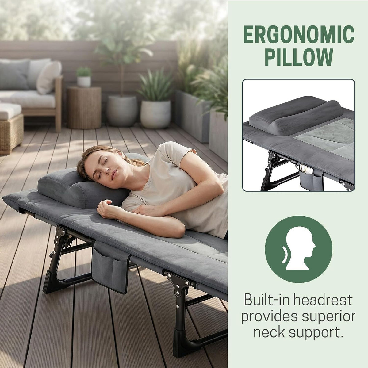 mopaicot camping cots for adults, camping lounge chair, side view