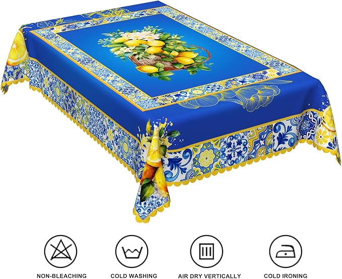 70x90inches Blue and Yellow Rectangle Tablecloth Summer Fruit Lemon Boho Floral - Image 6