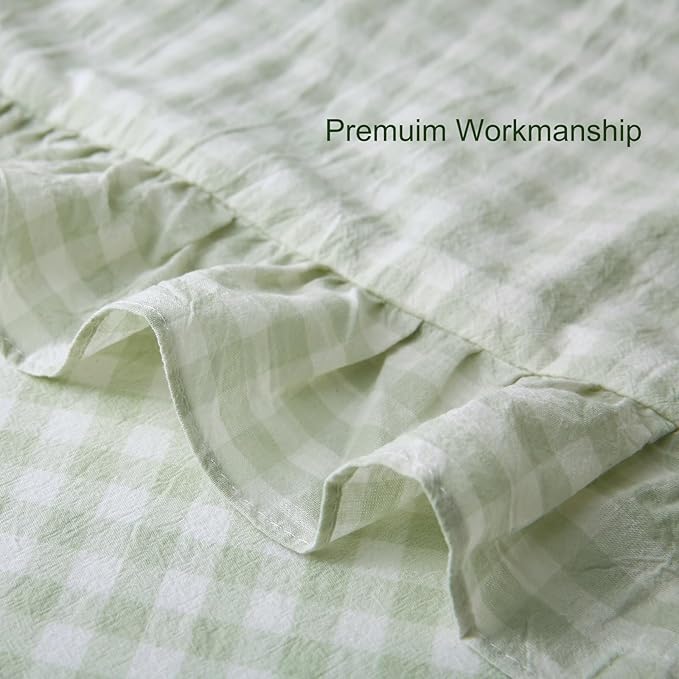 Pile Green White Plaid Ruffled Gingham Body Pillow Cover, 100% Washed Cotton - Image 4