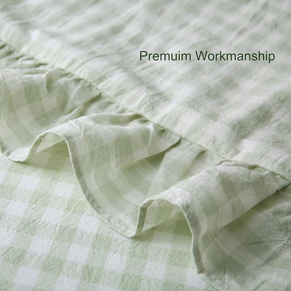 Pile Green White Plaid Ruffled Gingham Body Pillow Cover, 100% Washed Cotton - Image 4