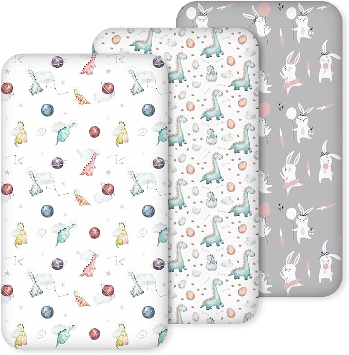 Nap Mat Sheet 47"x24", 3 Pack Dinosaur Baby Crib Sheets Fitted Elastic Corners by CivaruaKids