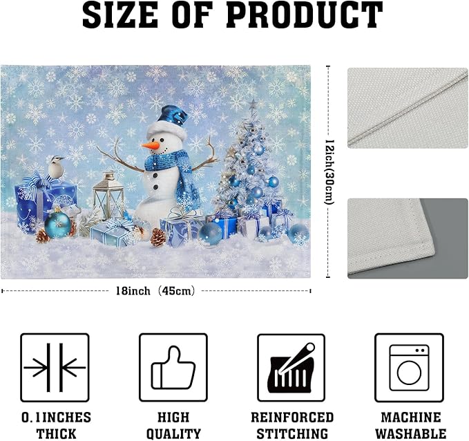 Giwawa Blue Snowman Placemats Set of 4 Christmas Trees Balls Winter Snowflakes - Image 4