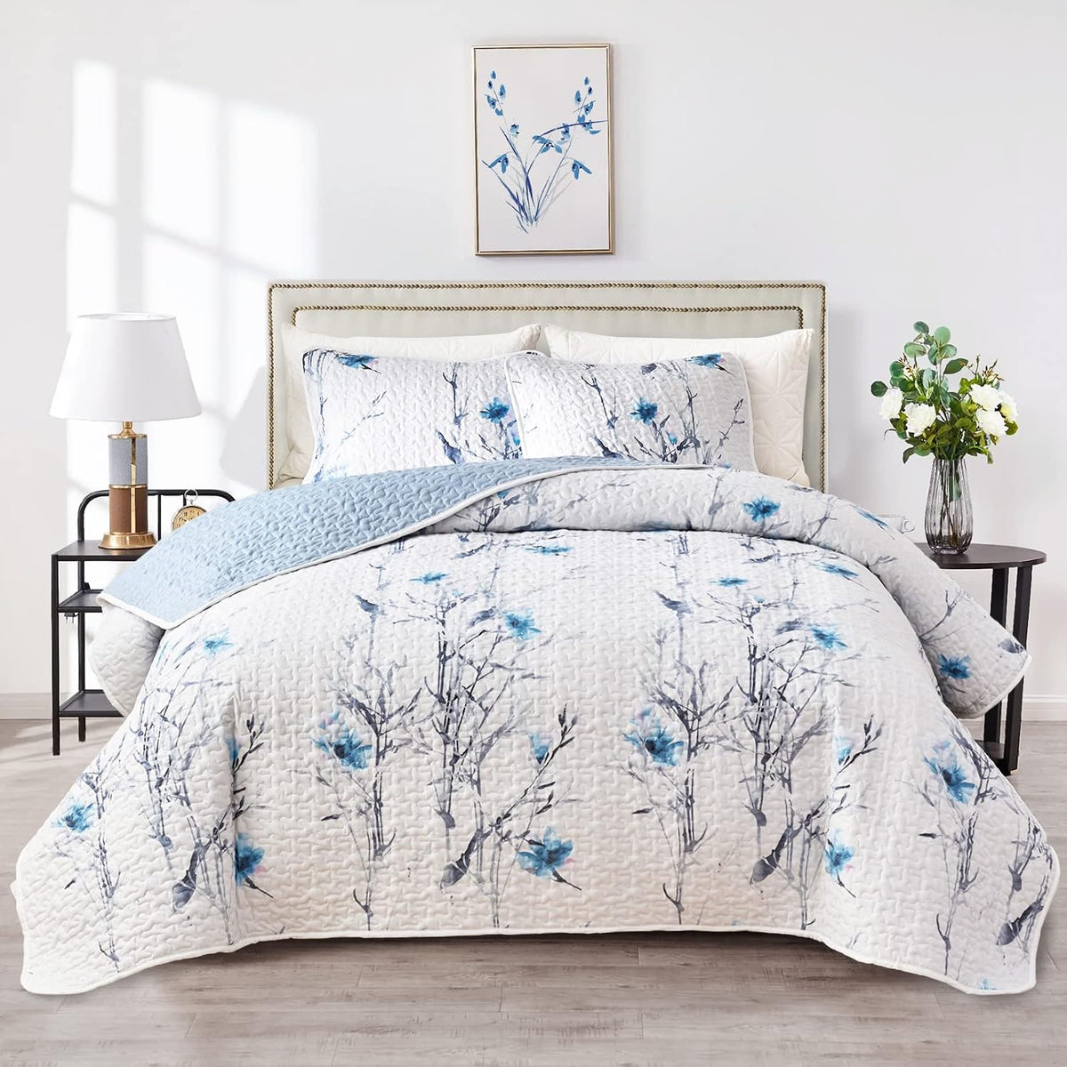 botanical quilt set 3 pieces full/queen size, blue, main product view