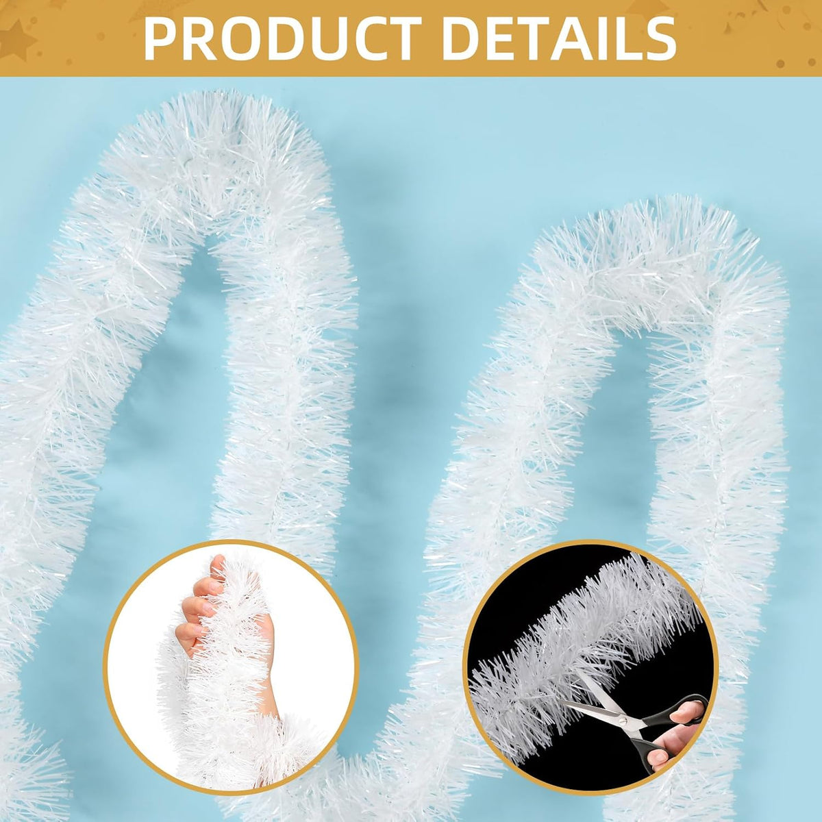 150 FT White Tinsel Garland Christmas Holiday Tinsel Garland Halloween New Year Birthday Party Decorations, Tinsel Twist for Christmas Tree Decoration (White)