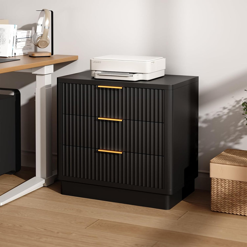 ELYKEN 24'' Black Nightstand with 3 Drawers & Outlet, Fluted End ...