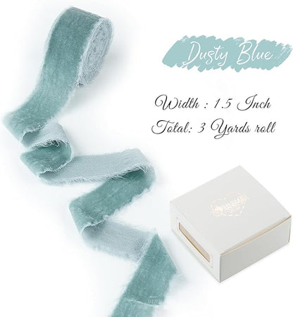 Dusty Blue Silk Velvet Ribbon 1.5 Inch French Blue Frayed Edge Ribbon Blue - Image 2