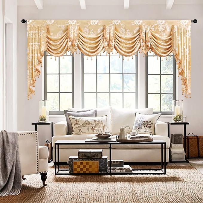 ELKCA Golden Floral Jacquard Swag Waterfall Valance by ELKCA