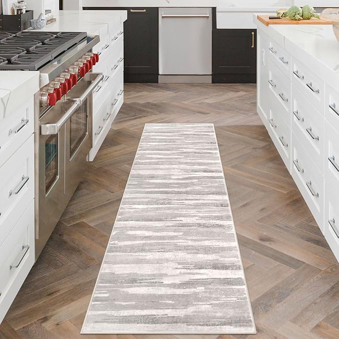 Modern Abstract Runner Rug 2x6, Neutral Light Beige and Grey Washable Kitchen - Image 2