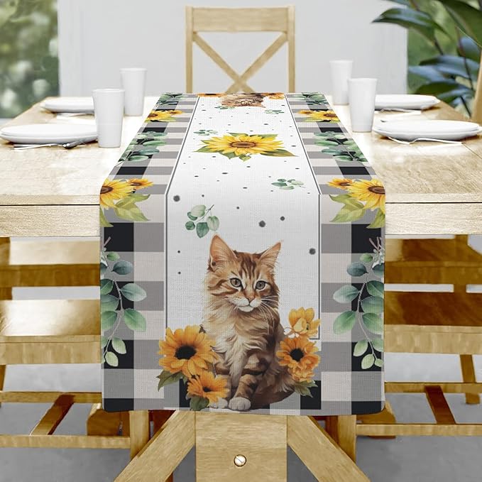 Cat and Sunflower Table Runner, Cotton Linen Cat and Sunflower Table Runner by Hliyty