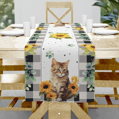 Cat and Sunflower Table Runner, Cotton Linen Cat and Sunflower Table Runner by Hliyty