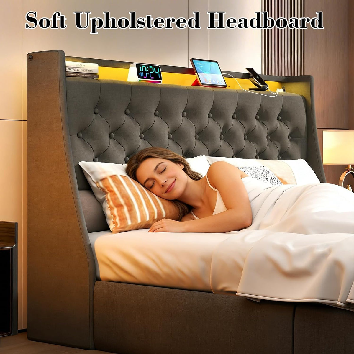 upholstered wingback full bed frame with 2 storage showing dimensions