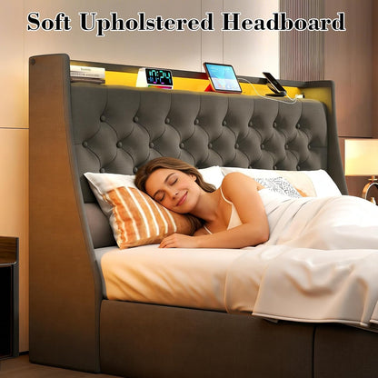 upholstered wingback full bed frame with 2 storage showing dimensions