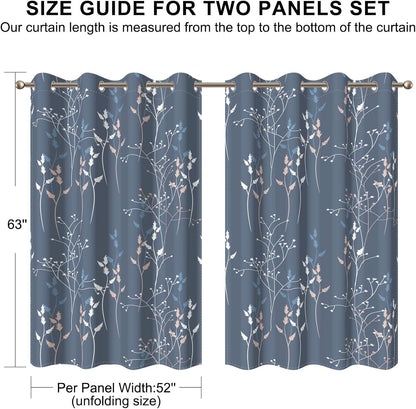 blue leaves blackout curtains 63 inch length, room, front angle view