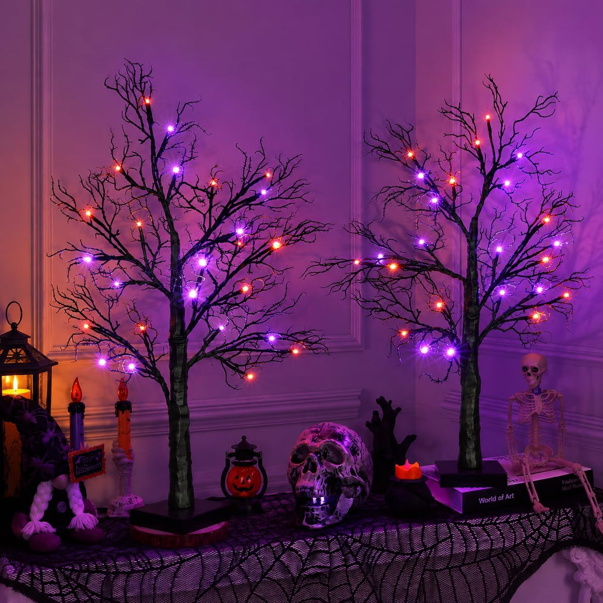 [Timer] 2 Pack Halloween Decorations Indoor, 24 Inch Lighted Black Halloween Tree with 24 Orange & Purple Lights, USB or Battery Powered Spooky Tabletop Tree for Home, Party, Fireplace & Holiday Decor