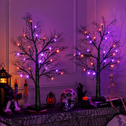 [Timer] 2 Pack Halloween Decorations Indoor, 24 Inch Lighted Black Halloween Tree with 24 Orange & Purple Lights, USB or Battery Powered Spooky Tabletop Tree for Home, Party, Fireplace & Holiday Decor