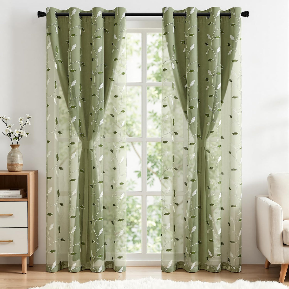 miulee sage green double layer patterned blackout curtains shown in use