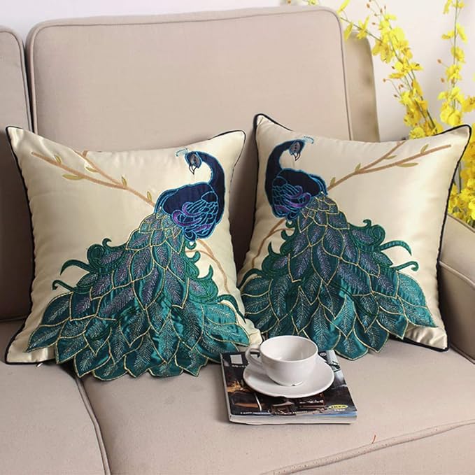 vctops Embroidered Peacock Decorative Throw Pillow Case Silky Satin Cushion - Image 3