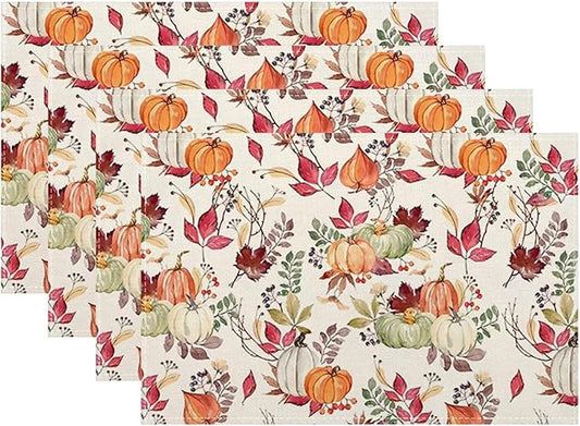 Fall Placemats Set of 4, Pumpkin Maple Leaf Flower Decorative Table Mat 12 x 18 by Sunshineyan