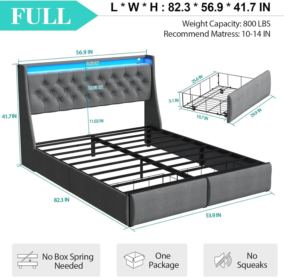upholstered wingback full bed frame with 2 storage shown in use