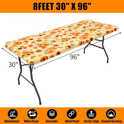Smiry Plastic Thanksgiving Tablecloth, Sunflower & Pumpkin Waterproof Elastic - Image 7