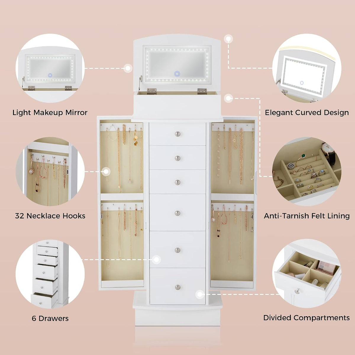 ironck jewelry cabinet with led mirror and 6, package contents