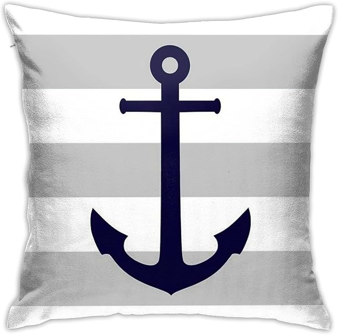 Myshe Square Nautical Navy Blue Anchor On Gray Stripes Throw Pillow Cover by Myshe