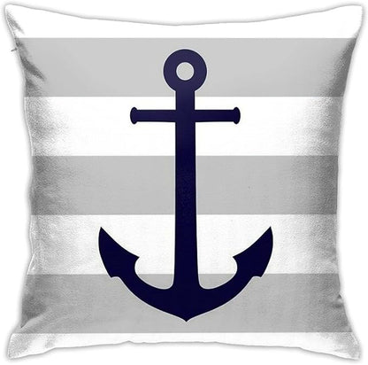 Myshe Square Nautical Navy Blue Anchor On Gray Stripes Throw Pillow Cover by Myshe