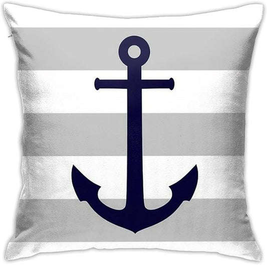 Myshe Square Nautical Navy Blue Anchor On Gray Stripes Throw Pillow Cover by Myshe