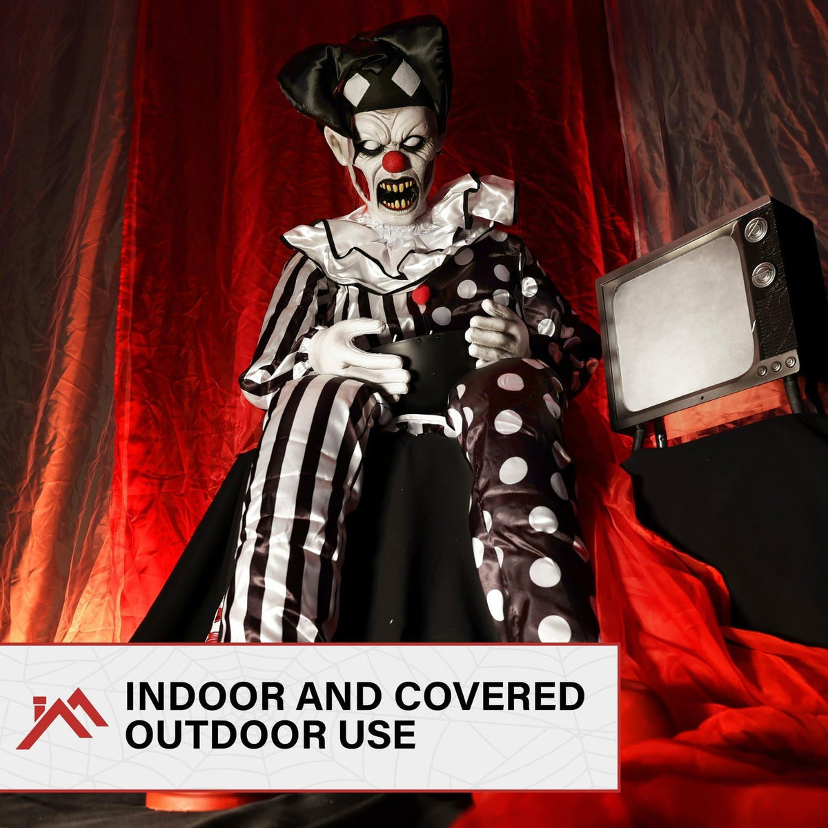 Haunted Hill Farm Hartley The Sitting Scare Clown by Tekky, Motion-Activated Talking Jump-Scare Halloween Animatronic for Halloween Party Prank Decoration, Plug-in or Battery Operated Halloween Props