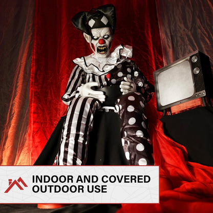 Haunted Hill Farm Hartley The Sitting Scare Clown by Tekky, Motion-Activated Talking Jump-Scare Halloween Animatronic for Halloween Party Prank Decoration, Plug-in or Battery Operated Halloween Props