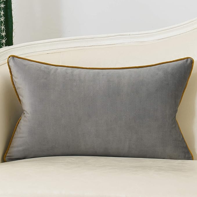 Avigers 12 x 20 Inch Grey Gold Striped Geometric Lines Embroidery Velvet - Image 2
