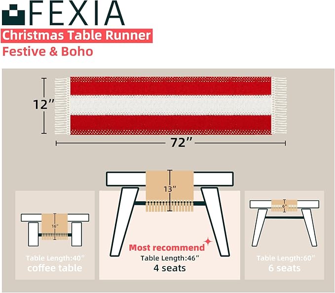 FEXIA Boho Red Table Runner for Holiday Decoration 72 Inches Long Red & Cream - Image 2