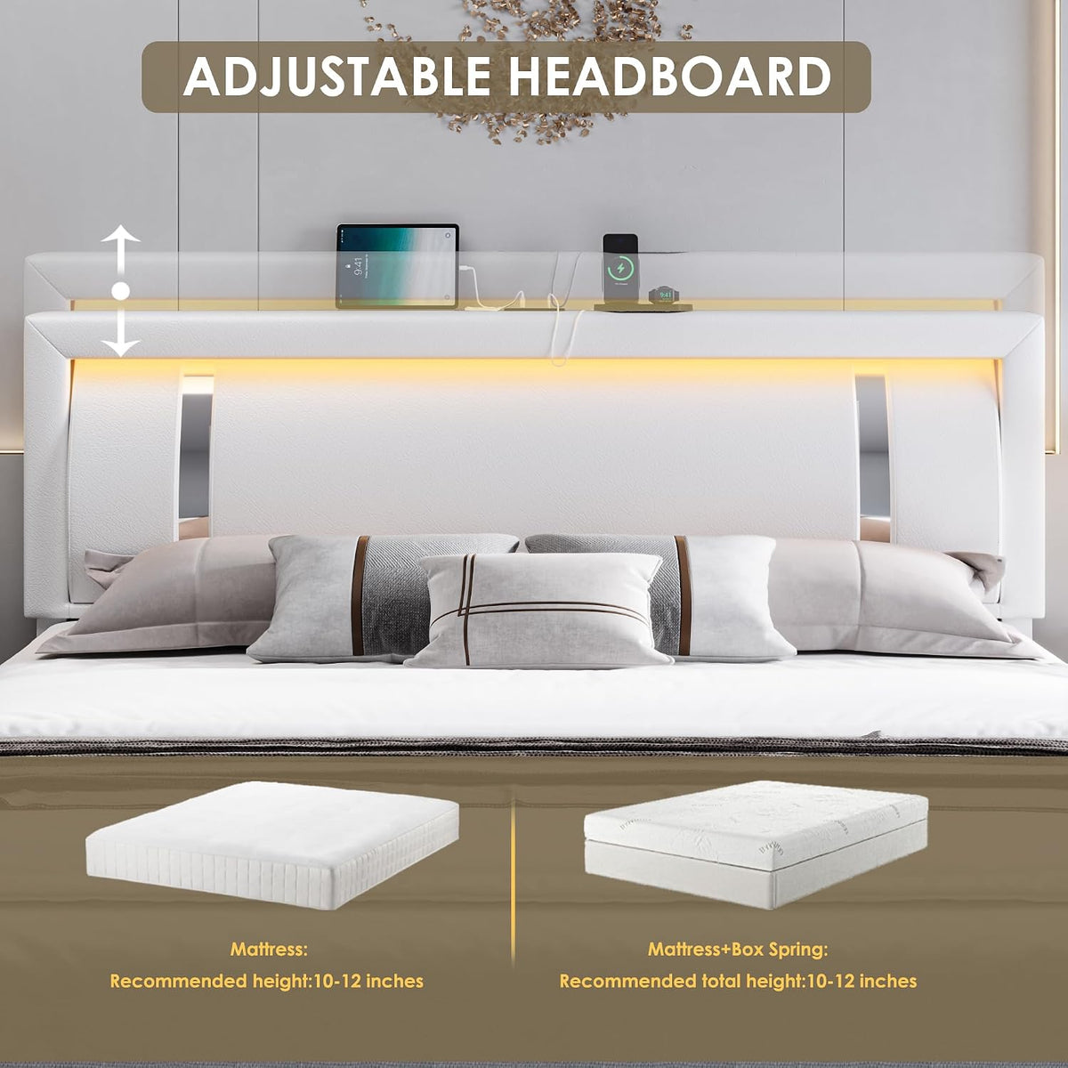 keyluv king size bed frame with rgb led showing dimensions