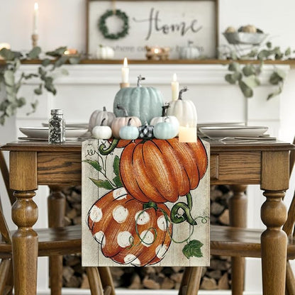 Artoid Mode Polka Dot Pumpkins Vine Wood 210 GSM Fall Table Runner, Seasonal - Image 2