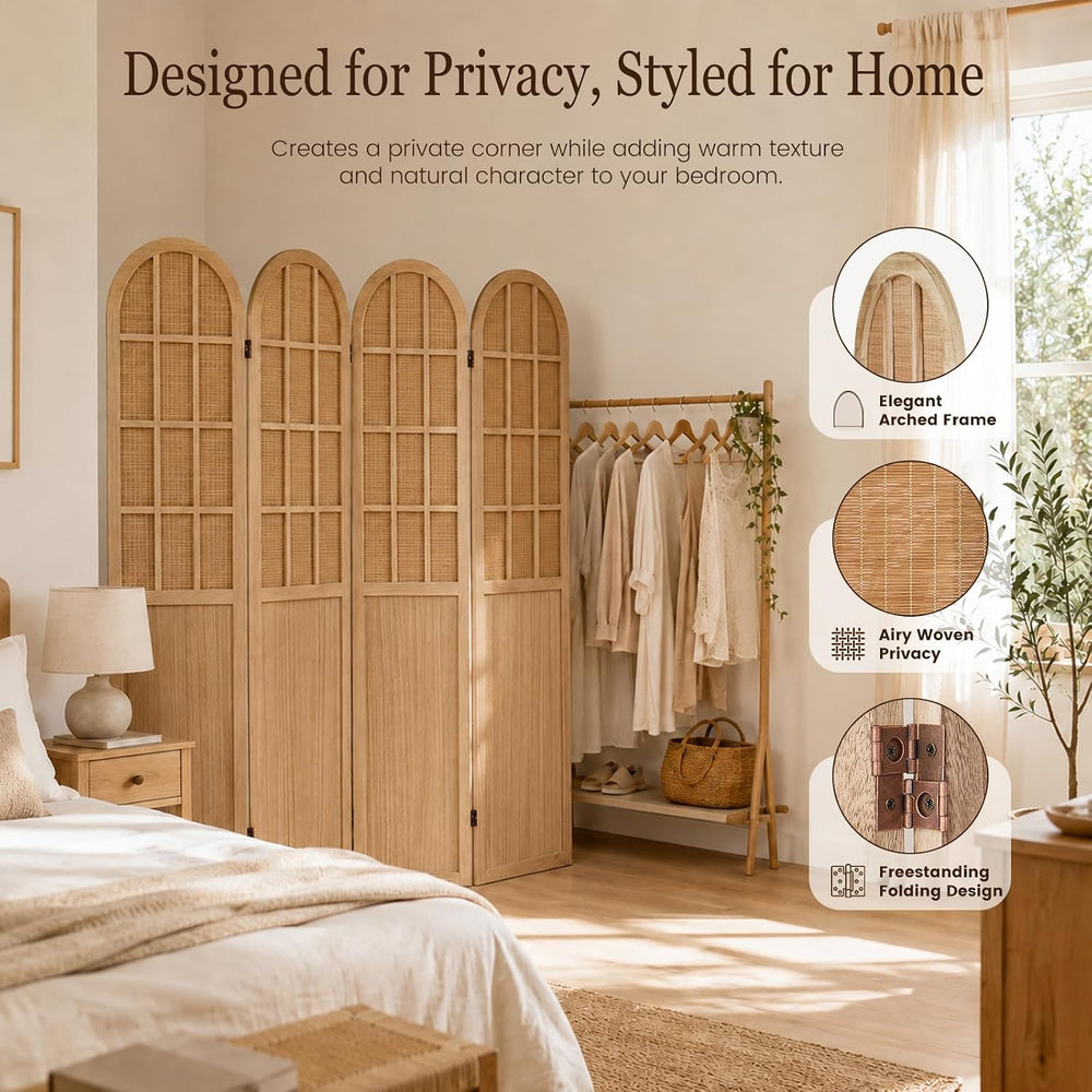 4 Panel Room Divider Privacy Screen Bamboo Wood Light Brown