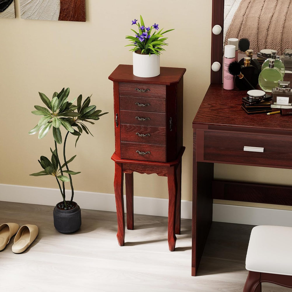 CHARMAID Standing Jewelry Cabinet with 4 Drawers, Flip Top Mirror, Walnut