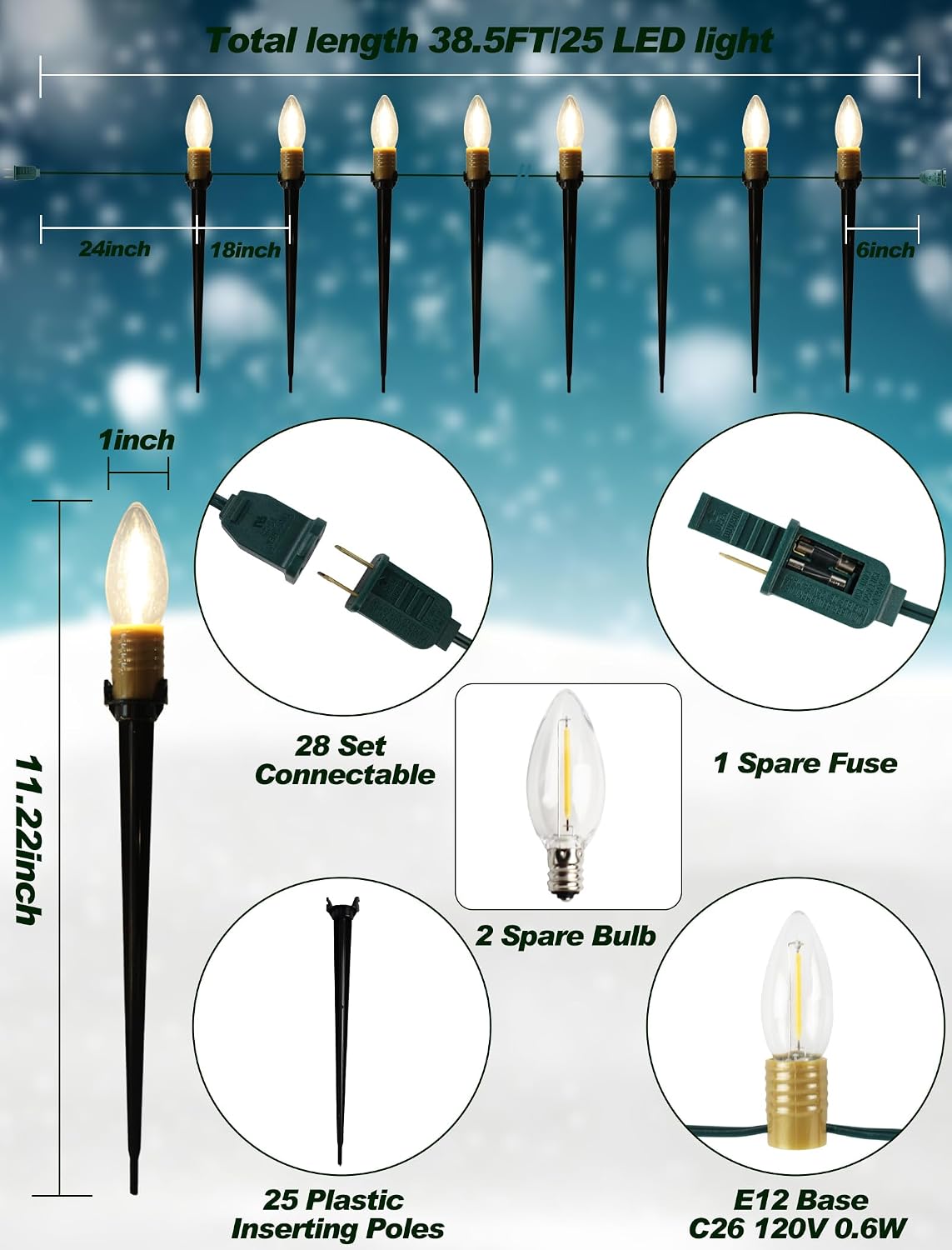 38.5ft christmas pathway lights outdoor, 25pk led c26 shown in use