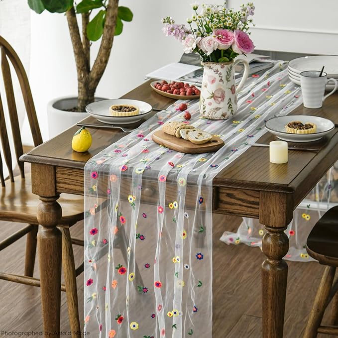 Artoid Mode Embroidery Daisy Spring Gauze Table Runner 59x120 Inch 10FT - Image 3