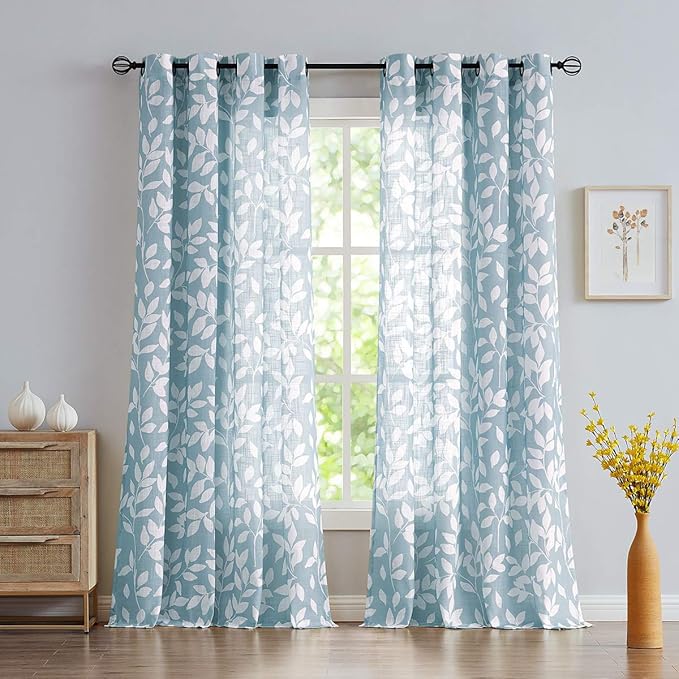White Blue Curtains for Bedroom 72 inches Long Living Room Drapes Leaf Print - Image 2