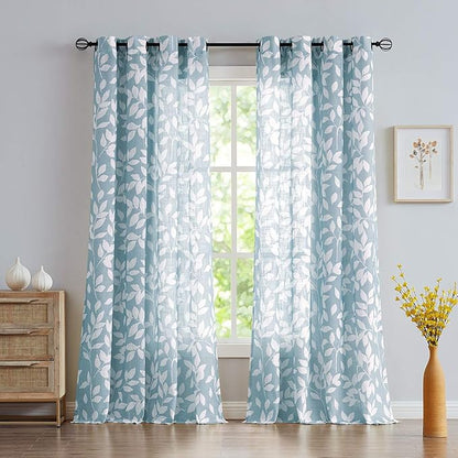 White Blue Curtains for Bedroom 72 inches Long Living Room Drapes Leaf Print - Image 2