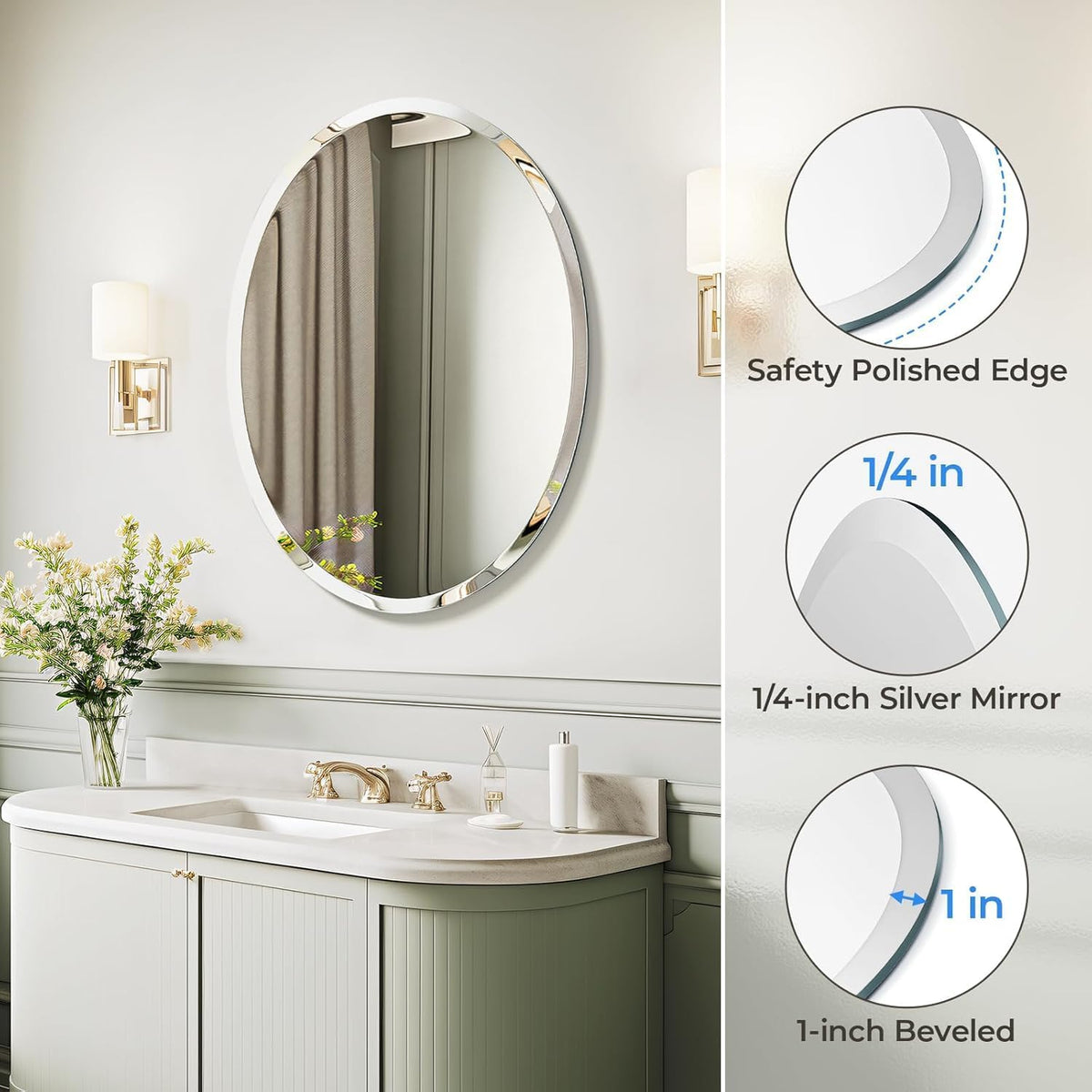 ushower bathroom mirror for over sink, 20x28 inch, close-up detail