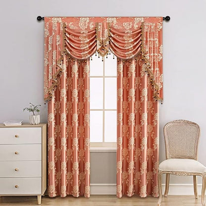 ELKCA Coffee Jacquard Swag Waterfall Valance Luxury Floral Curtain Valance - Image 2