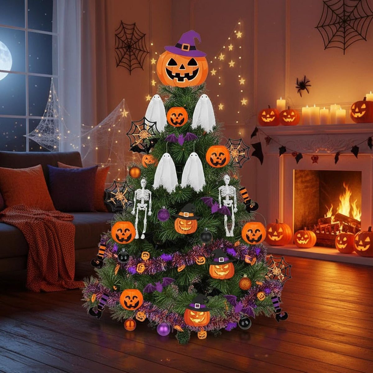 44 Pcs Halloween Tree Ornaments Decorations Witch Hat Pumpkin Tree Topper Pumpkin Bucket Skeleton Skull Ghost Spider Bat Witch Leg Hanging Ornaments Tinsel Garland for Halloween Party Decor