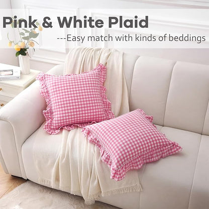 2 Pack Pink White Plaid Ruffle Gingham Throw Pillow Covers, 100% Washed Cotton - Image 2
