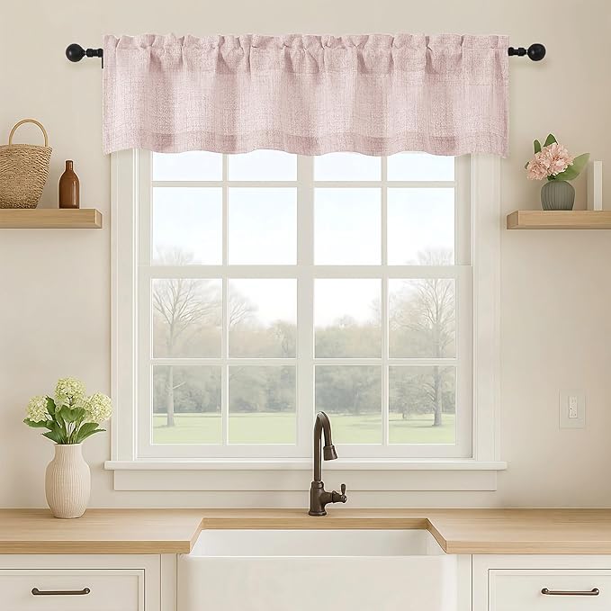 OVZME Blush Pink Valance for Windows, Light Filtering Faux Linen Textured Small by OVZME