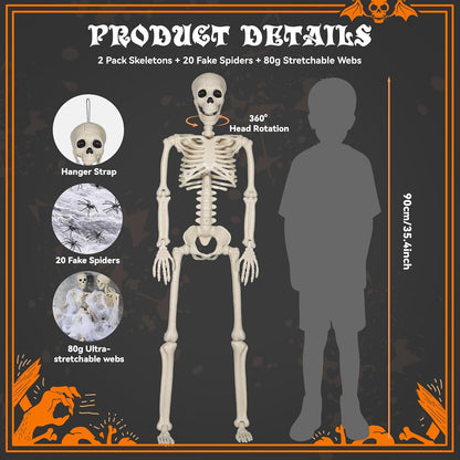 2 Pack 36" Skeleton Halloween Decorations,3Ft Plastic Posable Skeleton with Movable Joints,with 20 Spiders & Spider Webs for Halloween Party Decorations,Yard Haunted House Props Indoor Outdoor Decor