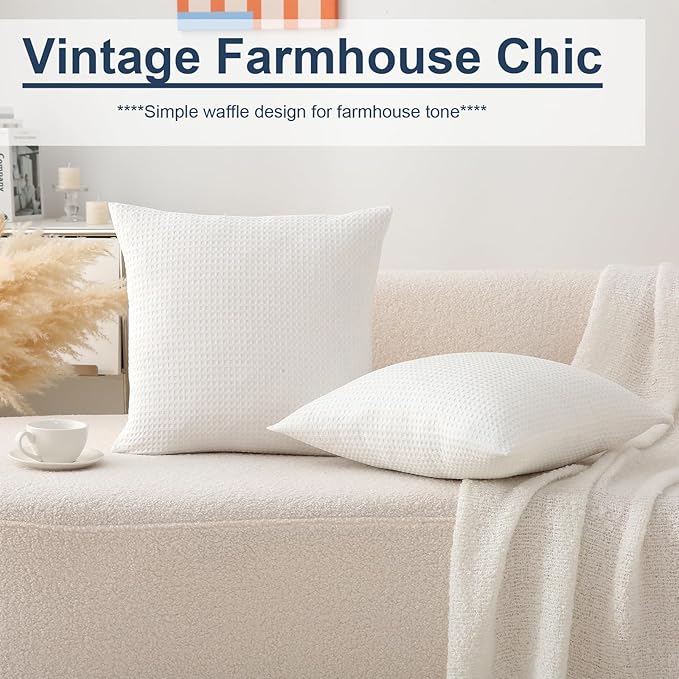 2 Pack Off White Waffle Throw Pillow Covers, 100% Cotton Farmhouse Decorative - Image 6