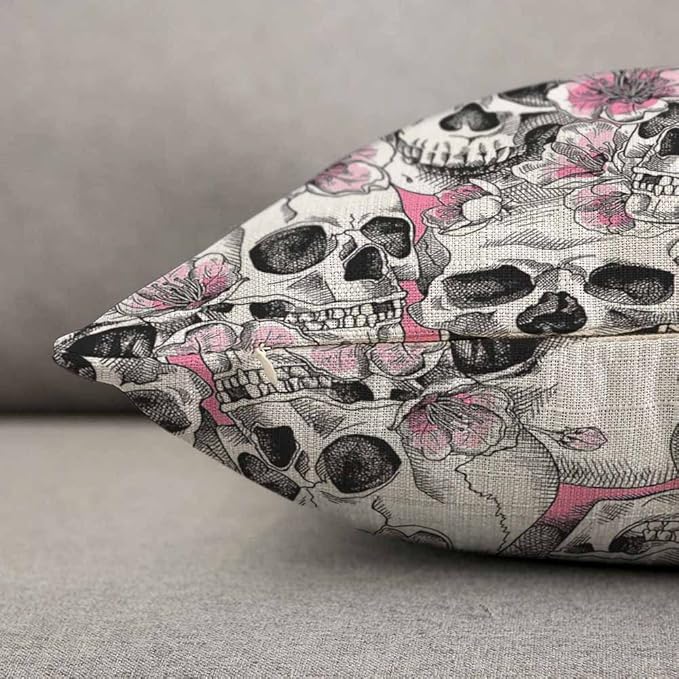 TKS MITLAN Skull and with Flowers Pillow Cover 12x20 inch Pink Cherry Rustic - Image 5