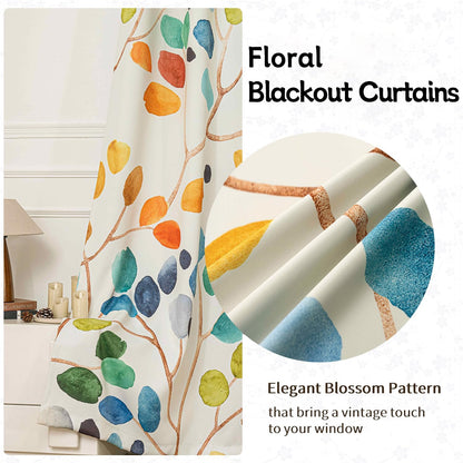 boho colorful leaf floral blackout curtains, watercolor bohemian, side view